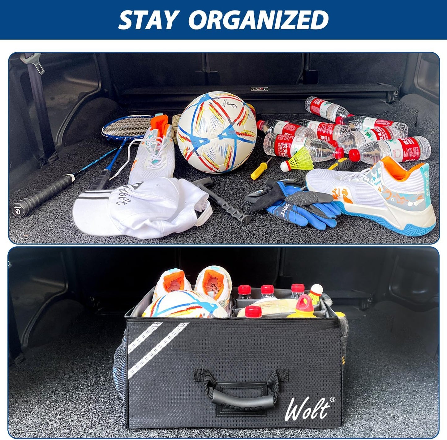 Car Trunk Organizer with Lid, Collapsible Multi Compartment SUV Organizer with Non-Slip Base Adjustable Straps