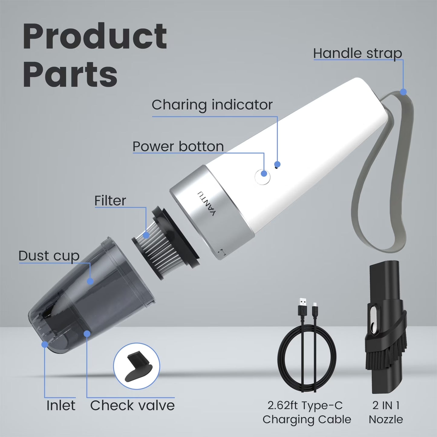 Car Vacuum,  Car Vacuum Cleaner High Power 6000PA Mini Handheld Portable Corded Small Vacuum for Quick Car Cleaning, DC 8.4V Portable Auto Vacuum Cleaner for Wet Dry with 2In1 Brush（White)