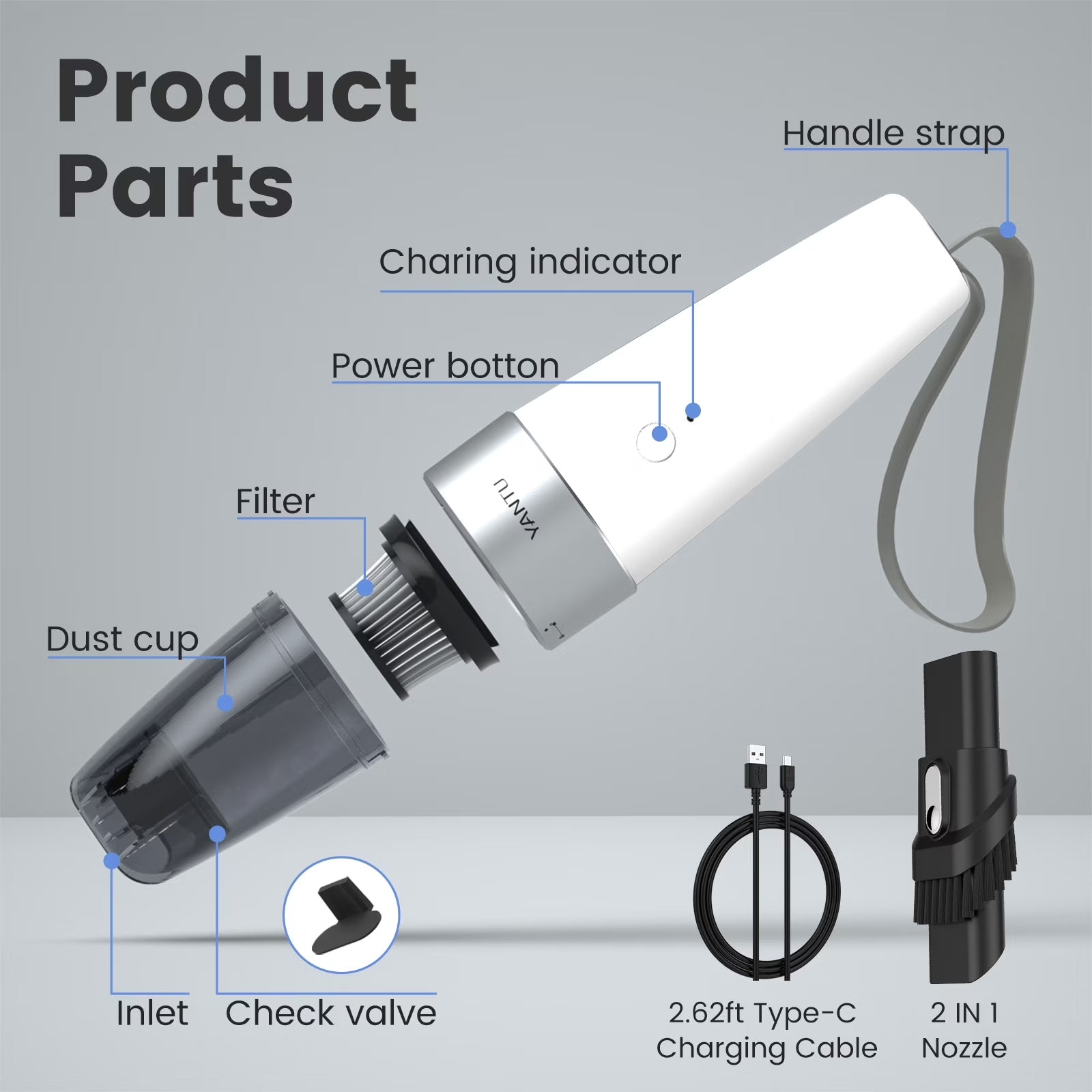 Car Vacuum,  Car Vacuum Cleaner High Power 6000PA Mini Handheld Portable Corded Small Vacuum for Quick Car Cleaning, DC 8.4V Portable Auto Vacuum Cleaner for Wet Dry with 2In1 Brush（White)