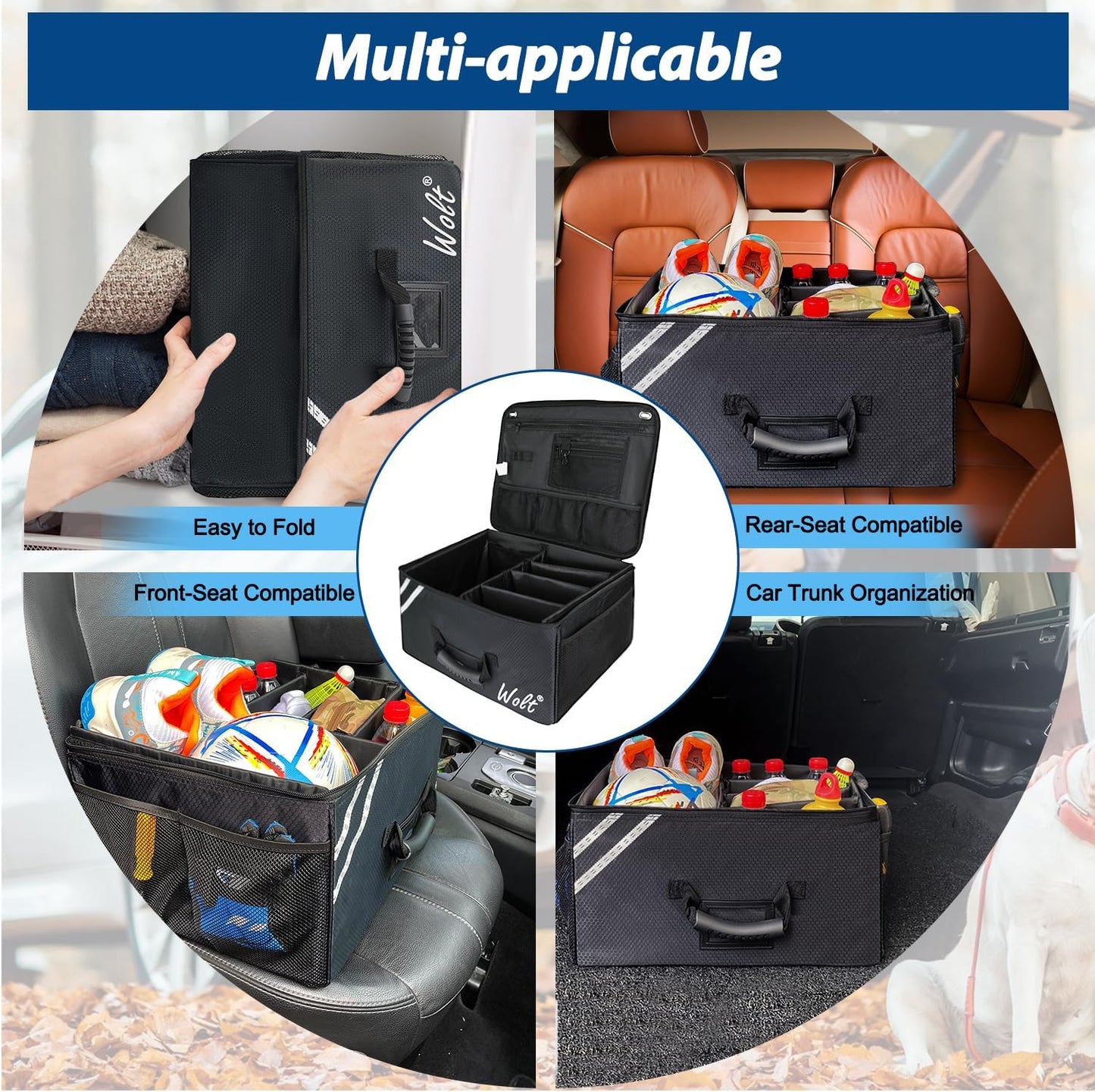 Car Trunk Organizer with Lid, Collapsible Multi Compartment SUV Organizer with Non-Slip Base Adjustable Straps