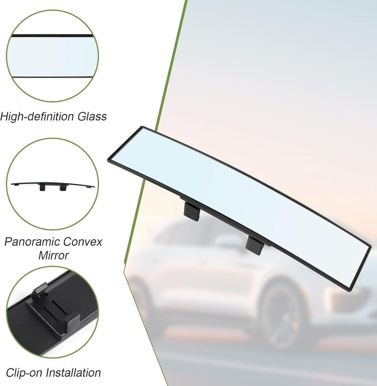Rear View Mirror, 12 Inch Universal Wide Angle Rear View Mirror Accessories Panoramic Convex Clip-On for Cars, Suvs, Trucks, Vehicles