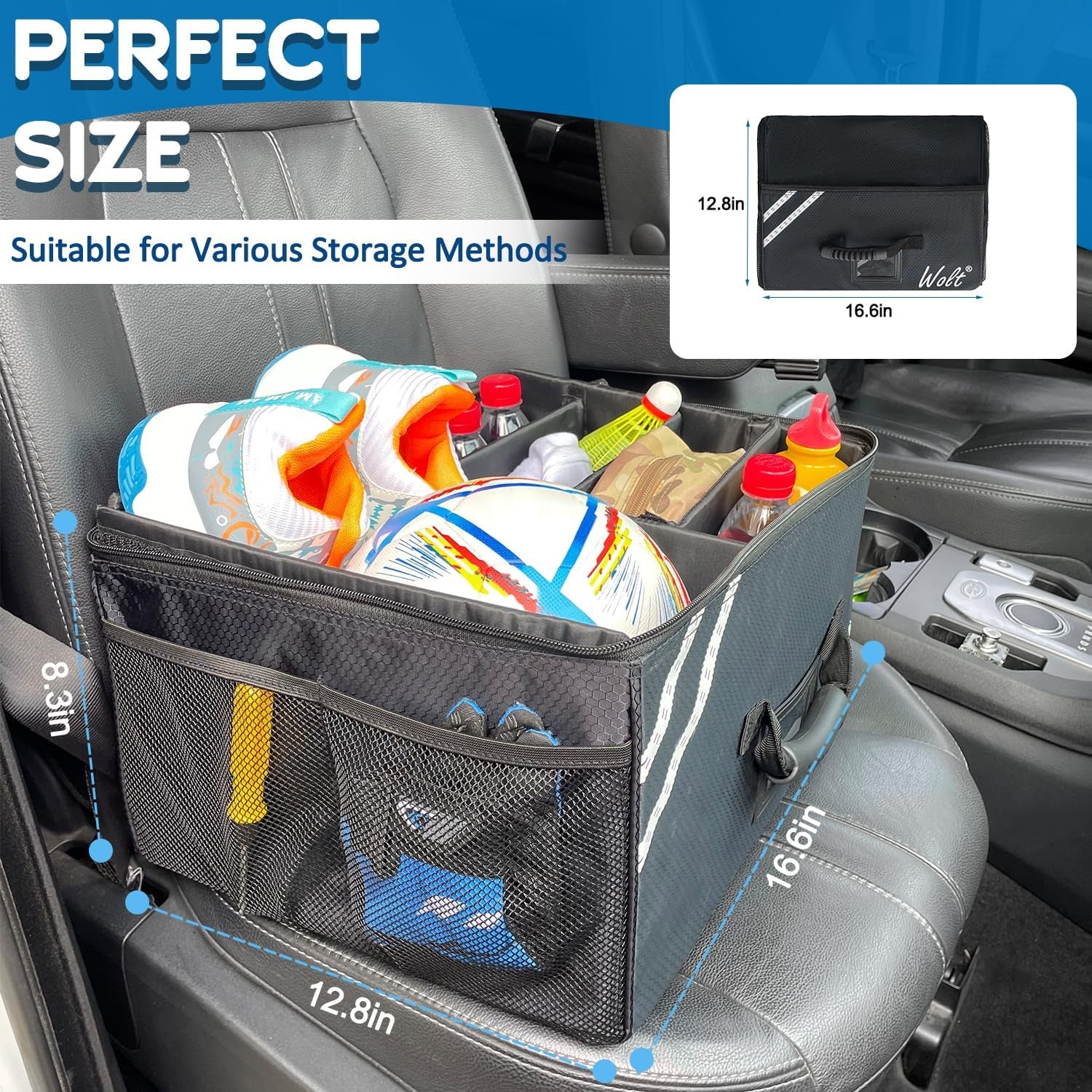 Car Trunk Organizer with Lid, Collapsible Multi Compartment SUV Organizer with Non-Slip Base Adjustable Straps