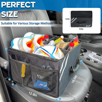 Car Trunk Organizer with Lid, Collapsible Multi Compartment SUV Organizer with Non-Slip Base Adjustable Straps