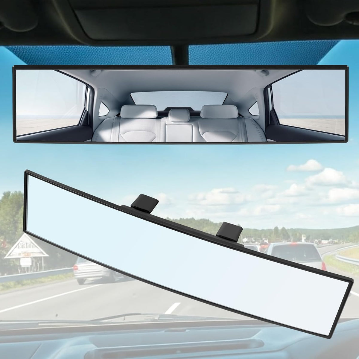 Rear View Mirror, 12 Inch Universal Wide Angle Rear View Mirror Accessories Panoramic Convex Clip-On for Cars, Suvs, Trucks, Vehicles