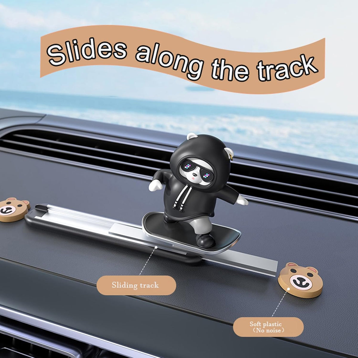 Car Decor Dashboard Decorations Fun Car Accessories Sliding Bear Black | Cool Car Accessories for Men|Funny Dashboard Ornaments|Skateboarding Bear|Gift Box